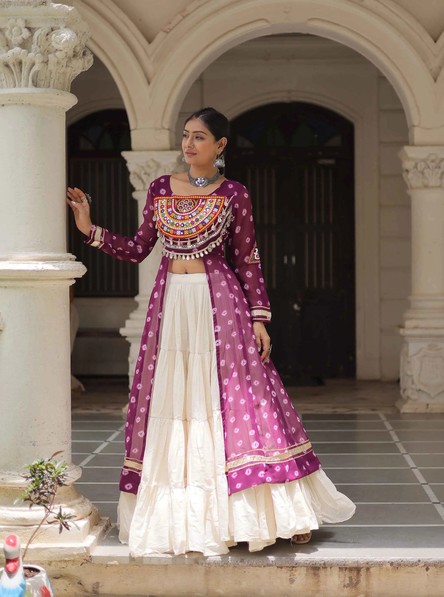 Wine Bandhani Print With Gamthi Patch Work Kurti With Lehenga For Navratri