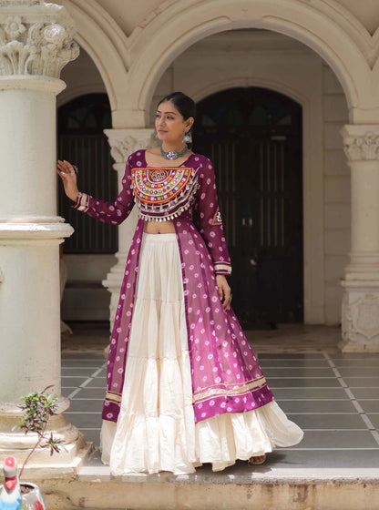 Wine Bandhani Print With Gamthi Patch Work Kurti With Lehenga For Navratri