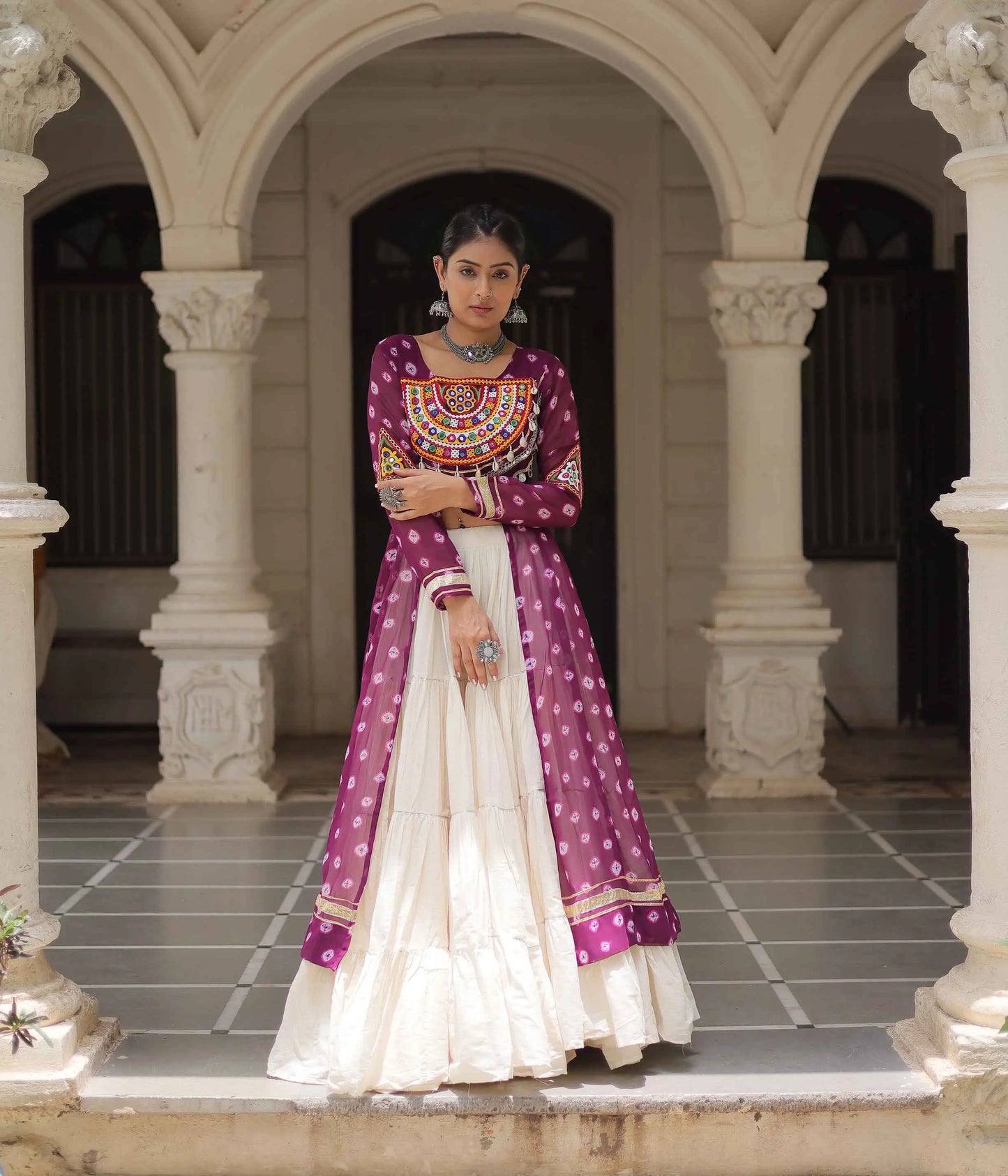 Wine Bandhani Print With Gamthi Patch Work Kurti With Lehenga For Navratri