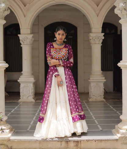Wine Bandhani Print With Gamthi Patch Work Kurti With Lehenga For Navratri