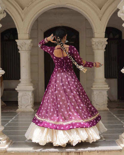 Wine Bandhani Print With Gamthi Patch Work Kurti With Lehenga For Navratri