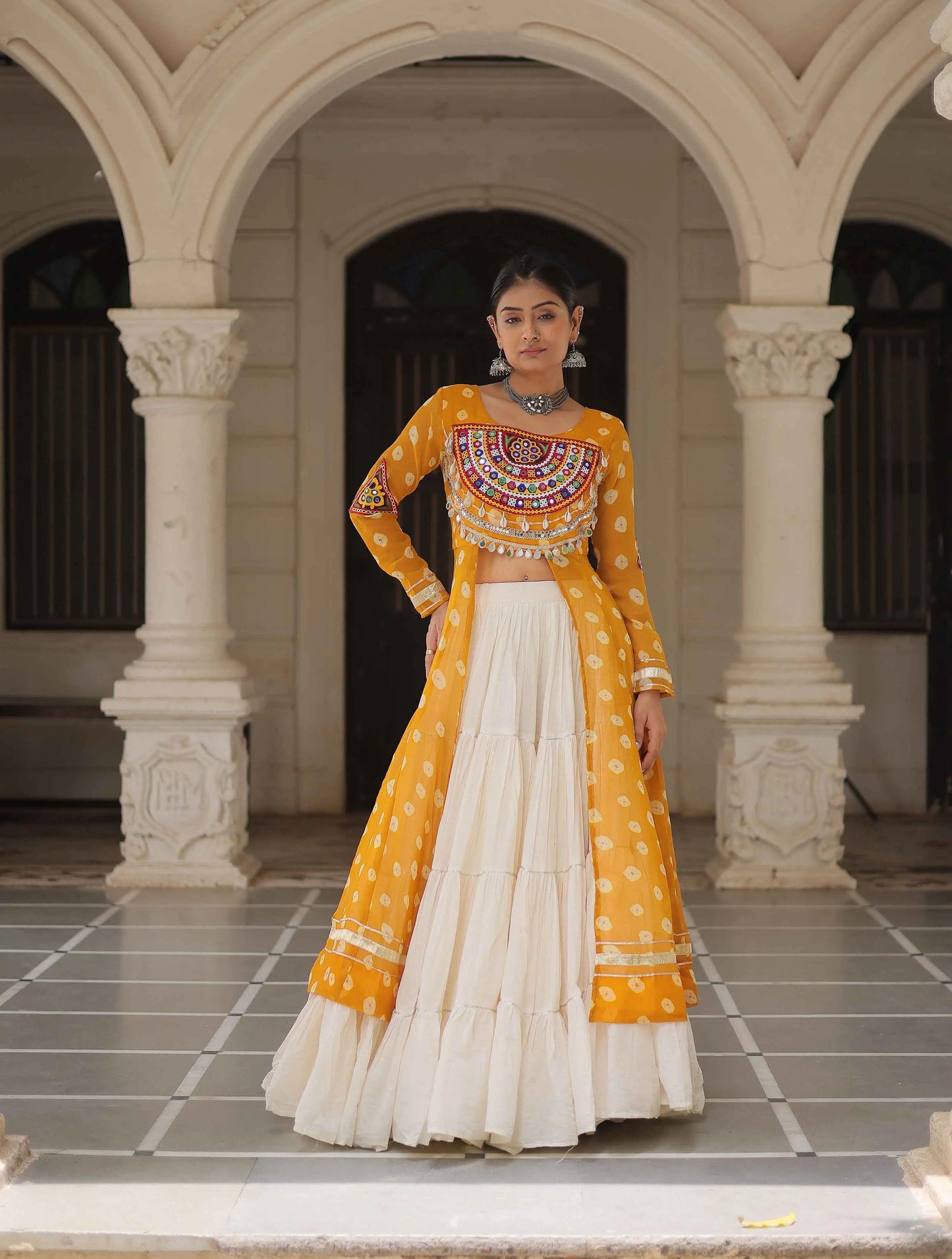 Yellow Bandhani Print With Gamthi Patch Work Kurti With Lehenga For Navratri