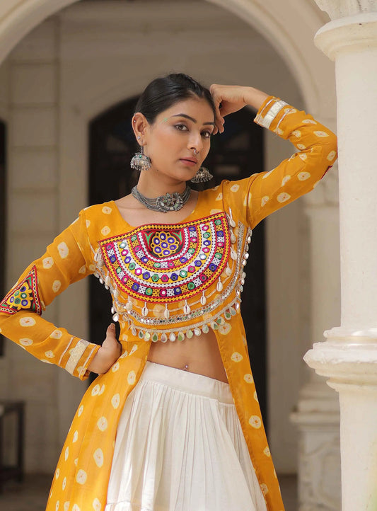 Yellow Bandhani Print With Gamthi Patch Work Kurti With Lehenga For Navratri