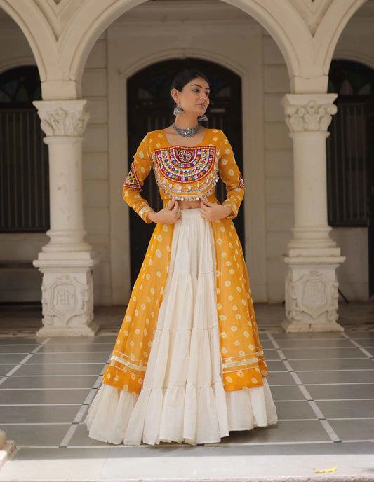 Yellow Bandhani Print With Gamthi Patch Work Kurti With Lehenga For Navratri