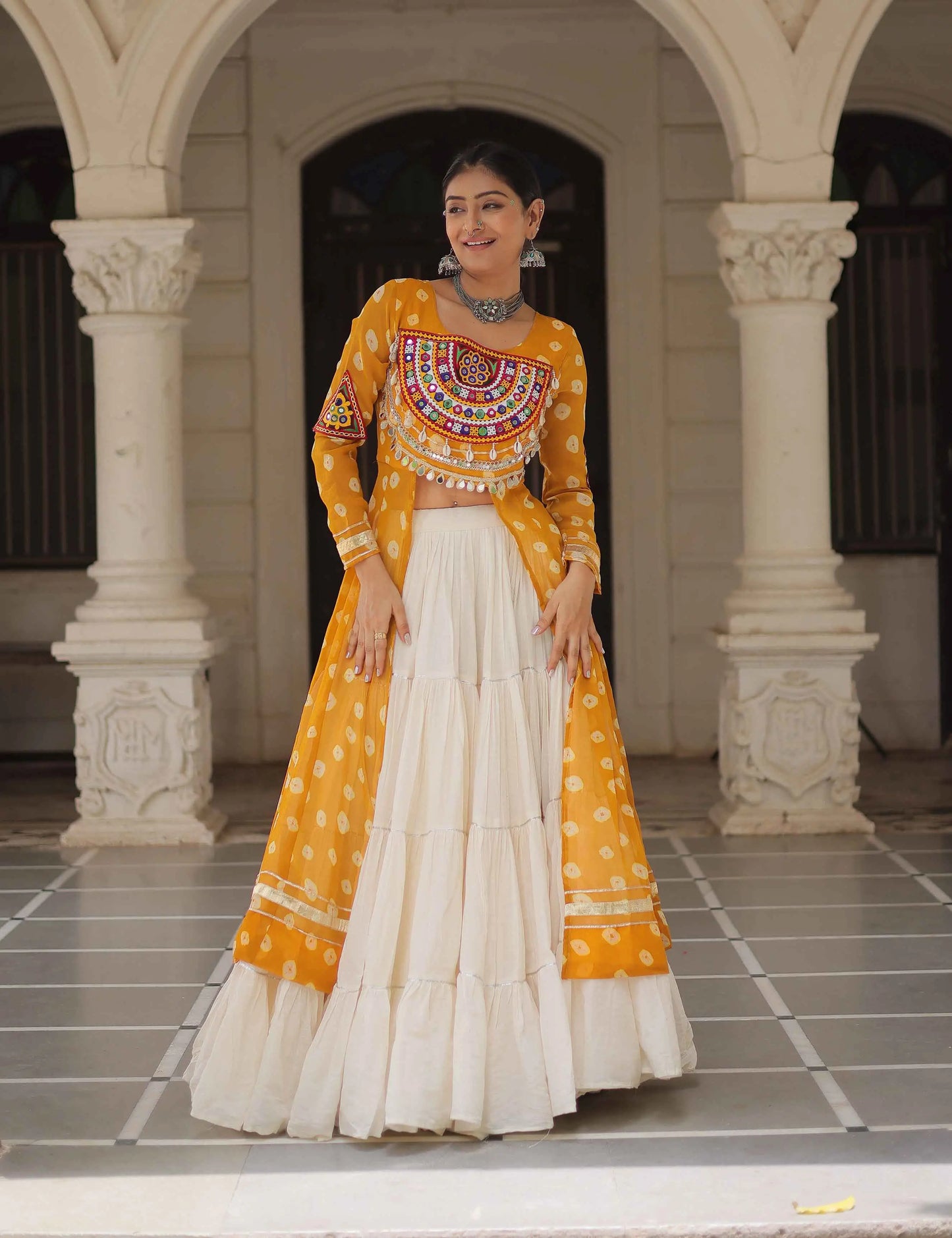 Yellow Bandhani Print With Gamthi Patch Work Kurti With Lehenga For Navratri