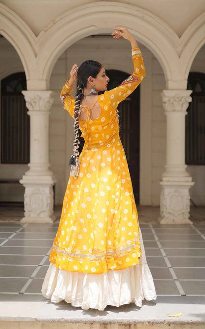 Yellow Bandhani Print With Gamthi Patch Work Kurti With Lehenga For Navratri