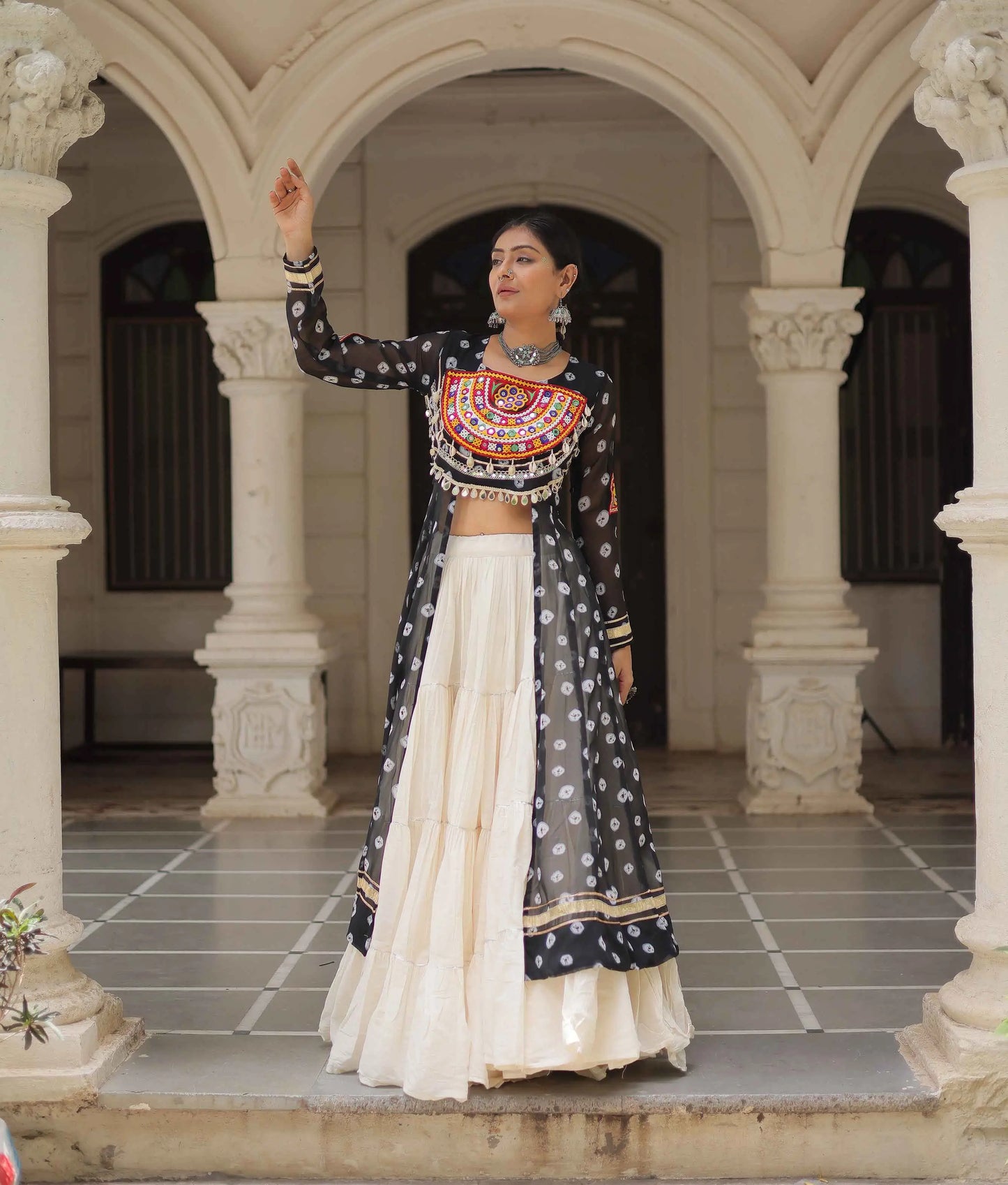 Black Bandhani Print With Gamthi Patch Work Kurti With Lehenga For Navratri