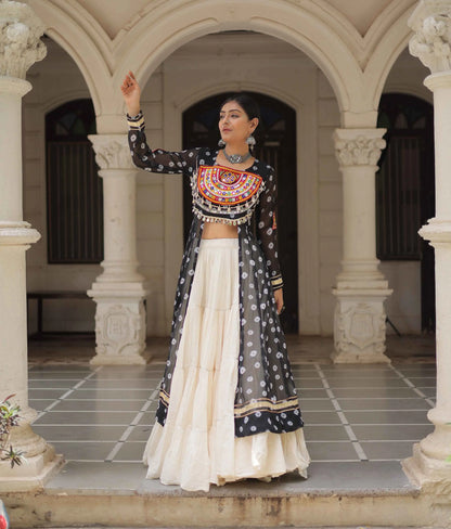 Black Bandhani Print With Gamthi Patch Work Kurti With Lehenga For Navratri