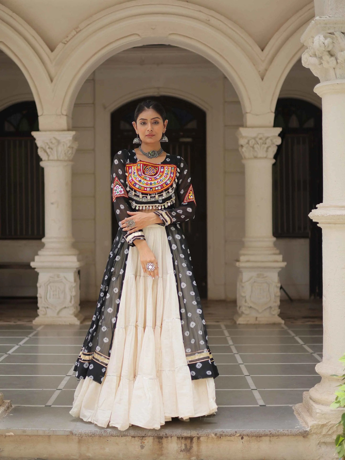 Black Bandhani Print With Gamthi Patch Work Kurti With Lehenga For Navratri