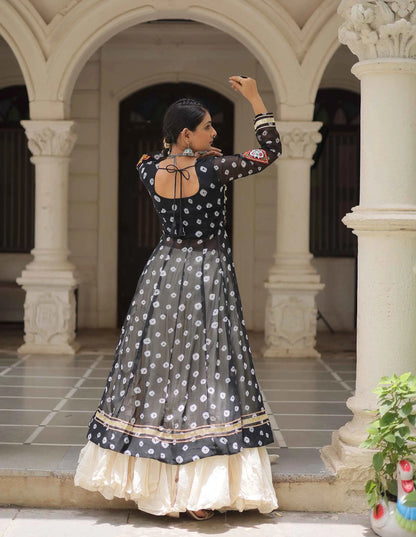 Black Bandhani Print With Gamthi Patch Work Kurti With Lehenga For Navratri
