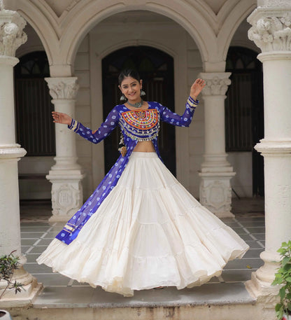 Blue Bandhani Print With Gamthi Patch Work Kurti With Lehenga For Navratri