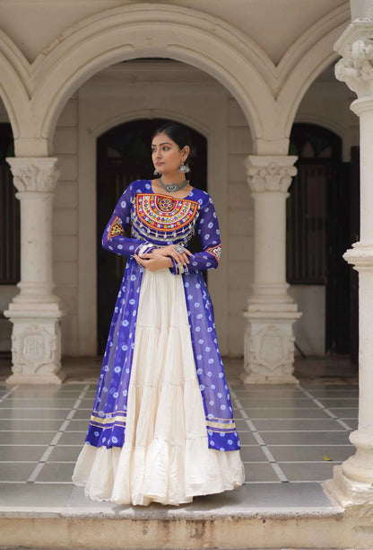 Blue Bandhani Print With Gamthi Patch Work Kurti With Lehenga For Navratri