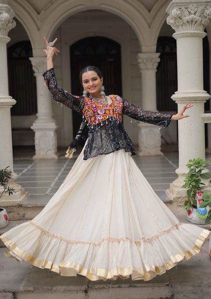 Black Bandhani Print Gamthi Work Blouse With Lace Work Navratri Lehenga