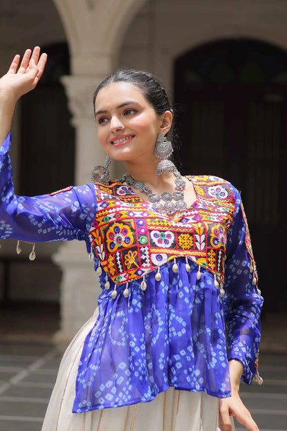 Blue Bandhani Print Gamthi Work Blouse With Lace Work Navratri Lehenga