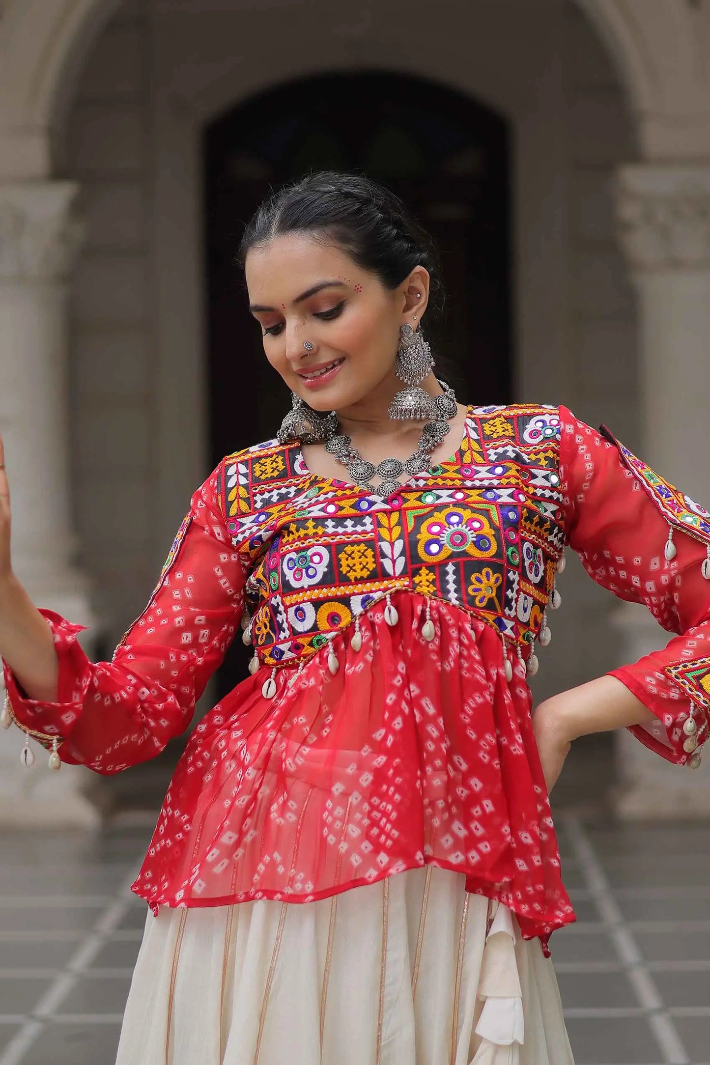 Red Bandhani Print Gamthi Work Blouse With Lace Work Navratri Lehenga