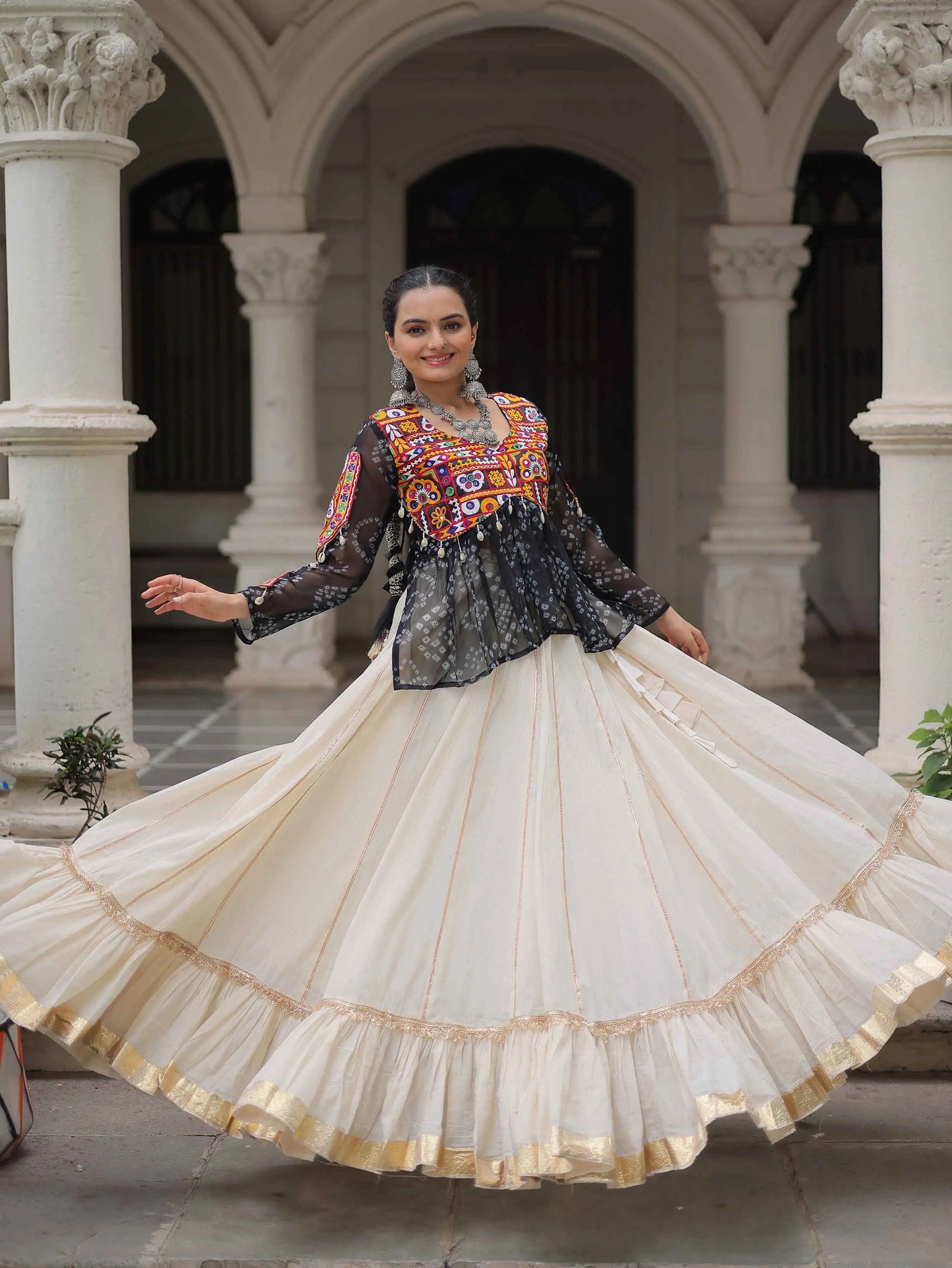 Black Bandhani Print Gamthi Work Blouse With Lace Work Navratri Lehenga