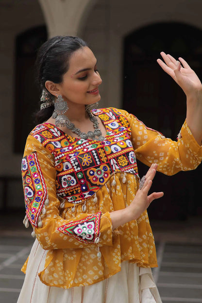 Yellow Bandhani Print Gamthi Work Blouse With Lace Work Navratri Lehenga