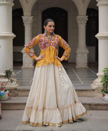 Yellow Bandhani Print Gamthi Work Blouse With Lace Work Navratri Lehenga