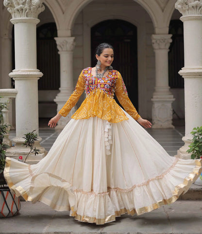 Yellow Bandhani Print Gamthi Work Blouse With Lace Work Navratri Lehenga