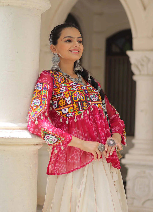 Pink Bandhani Print Gamthi Work Blouse With Lace Work Navratri Lehenga