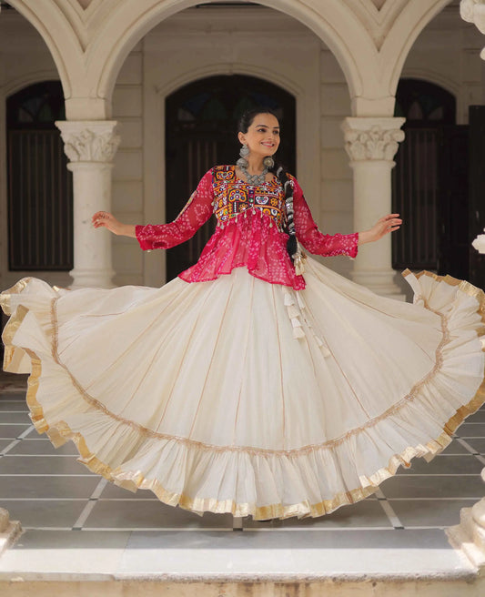 Pink Bandhani Print Gamthi Work Blouse With Lace Work Navratri Lehenga