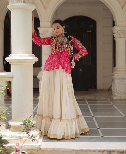 Pink Bandhani Print Gamthi Work Blouse With Lace Work Navratri Lehenga