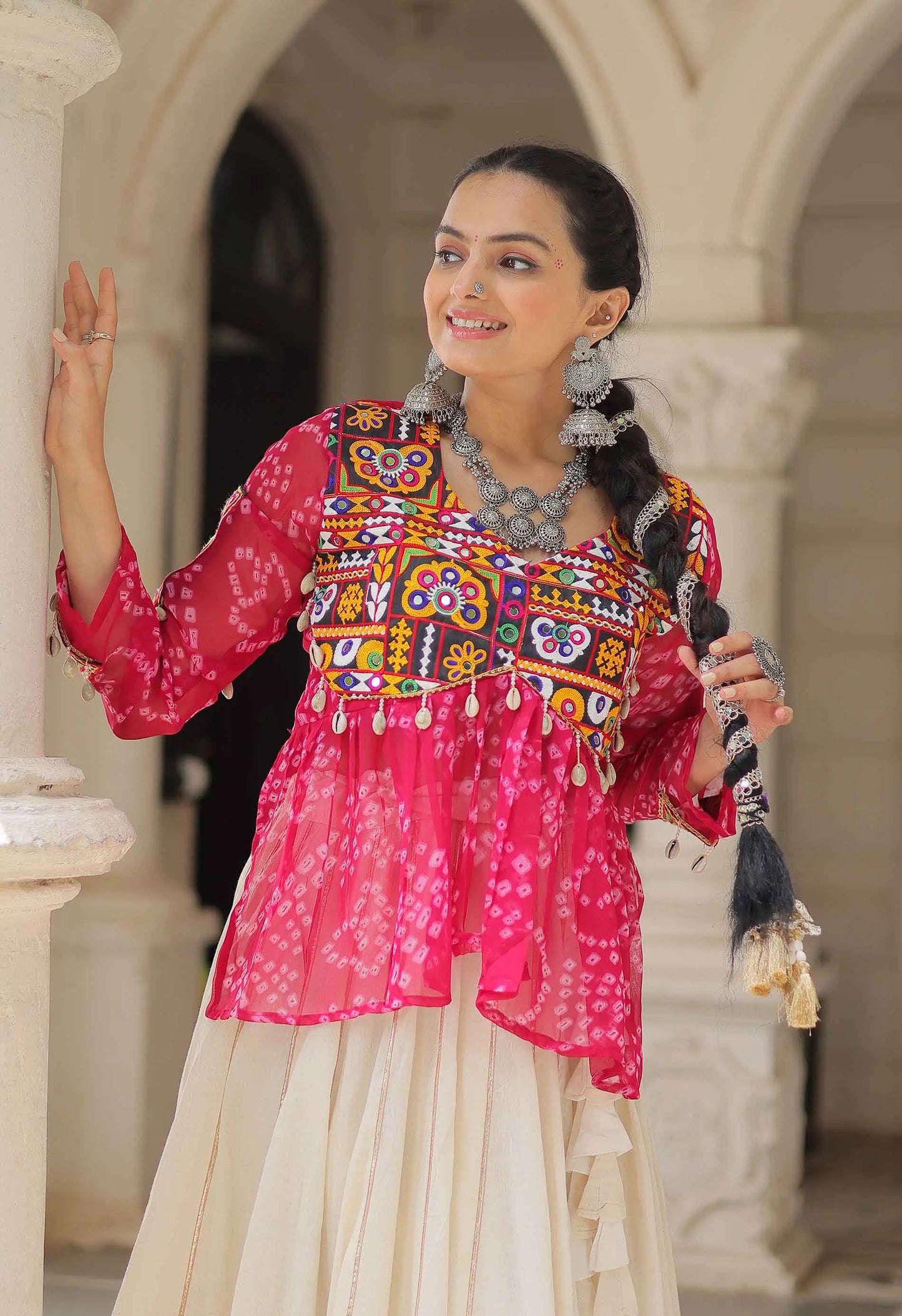 Pink Bandhani Print Gamthi Work Blouse With Lace Work Navratri Lehenga