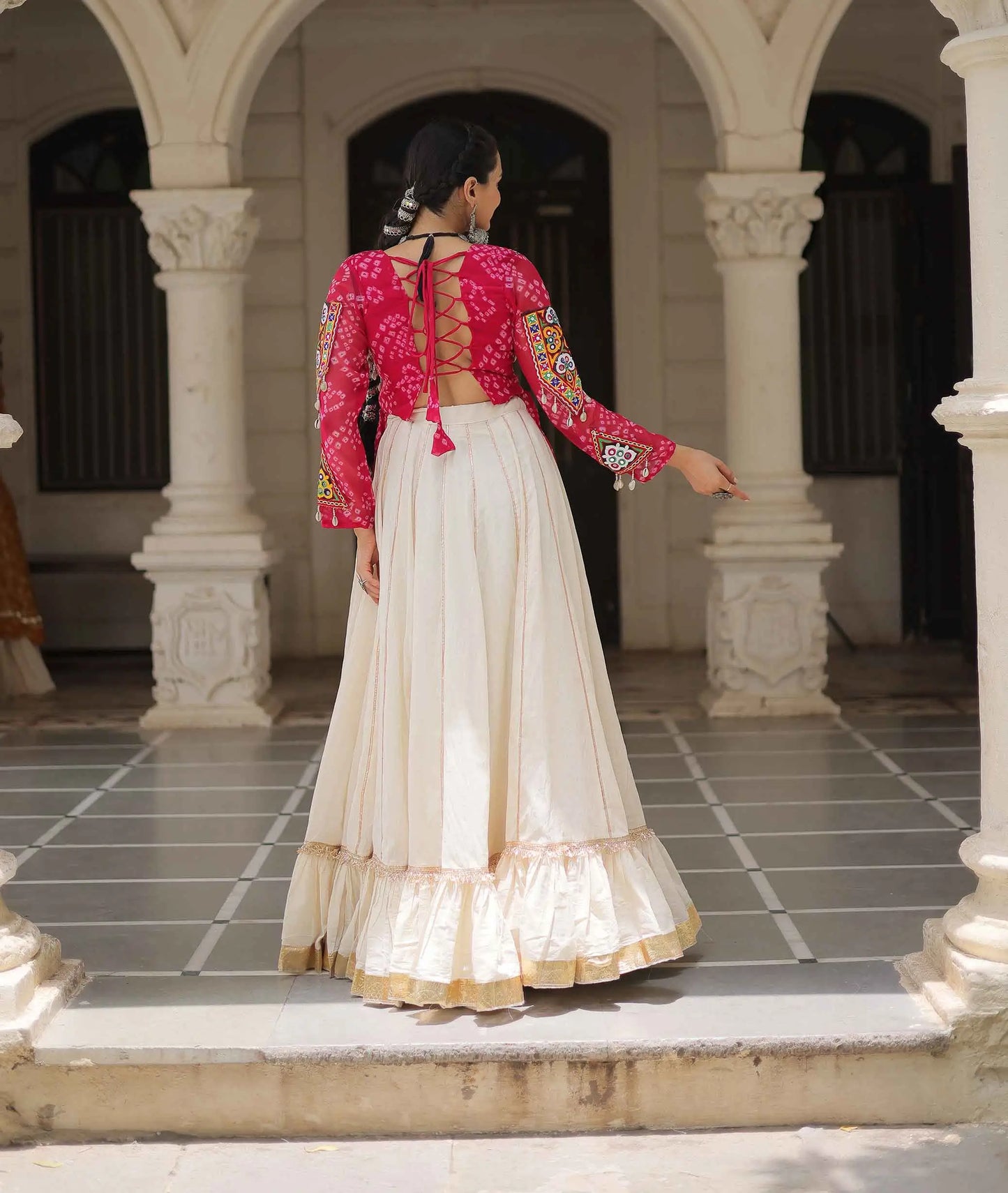 Pink Bandhani Print Gamthi Work Blouse With Lace Work Navratri Lehenga