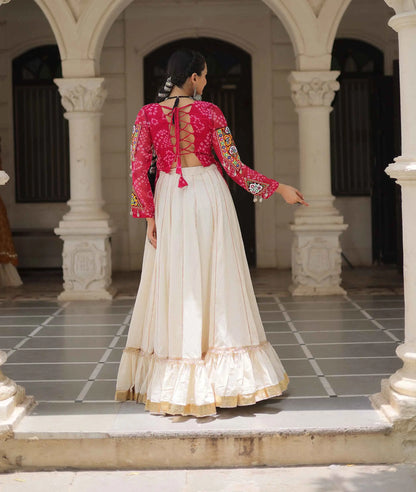 Pink Bandhani Print Gamthi Work Blouse With Lace Work Navratri Lehenga