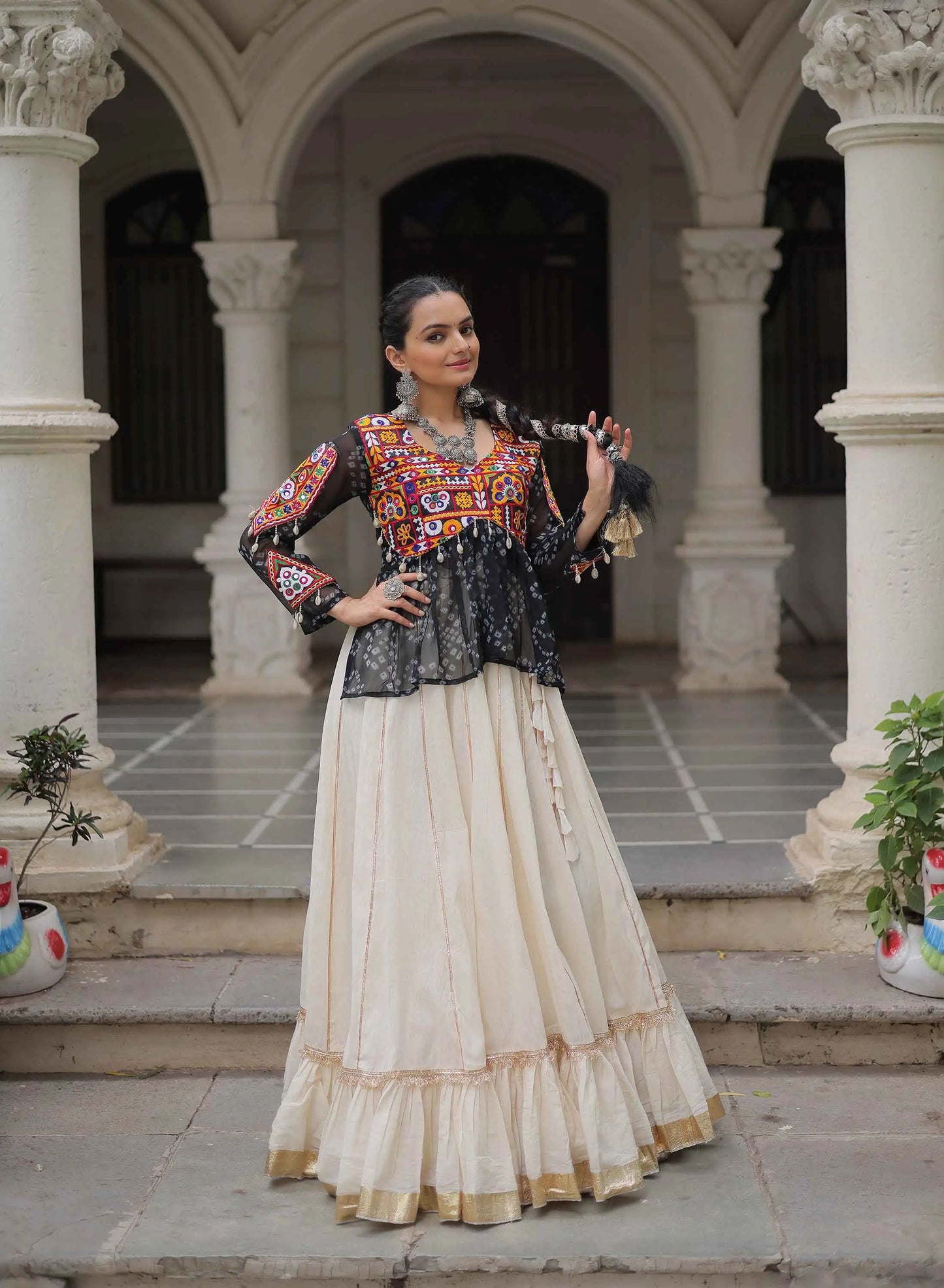 Black Bandhani Print Gamthi Work Blouse With Lace Work Navratri Lehenga