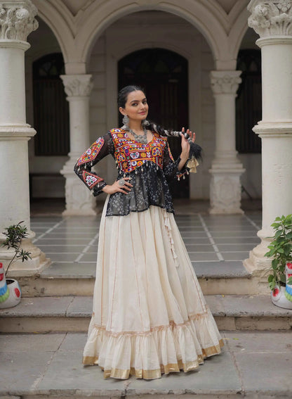 Black Bandhani Print Gamthi Work Blouse With Lace Work Navratri Lehenga