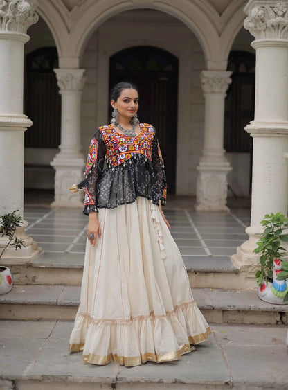 Black Bandhani Print Gamthi Work Blouse With Lace Work Navratri Lehenga