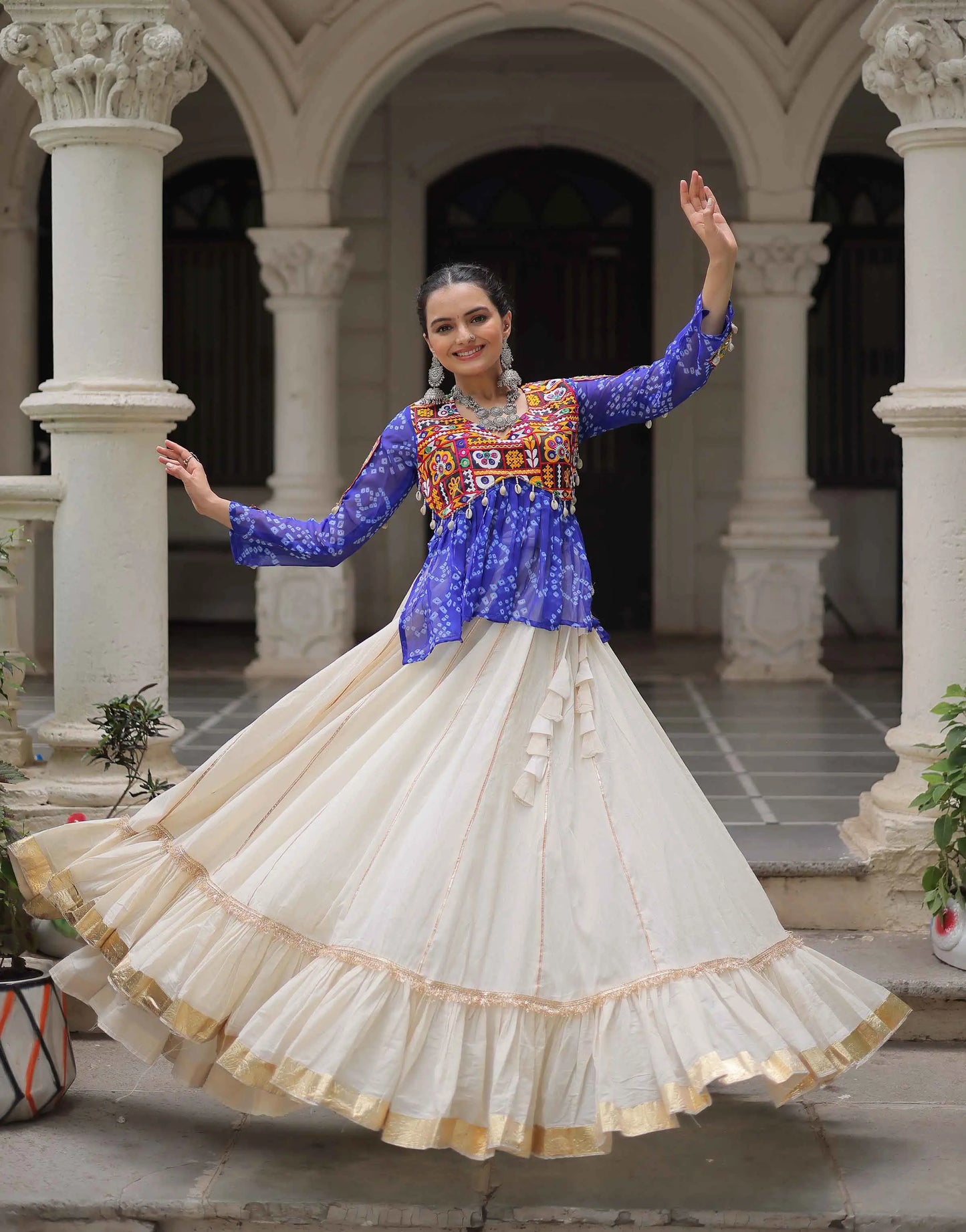 Blue Bandhani Print Gamthi Work Blouse With Lace Work Navratri Lehenga