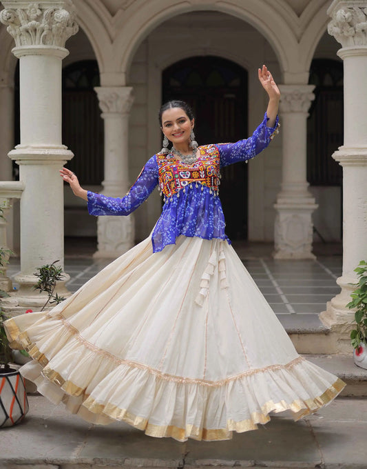 Blue Bandhani Print Gamthi Work Blouse With Lace Work Navratri Lehenga