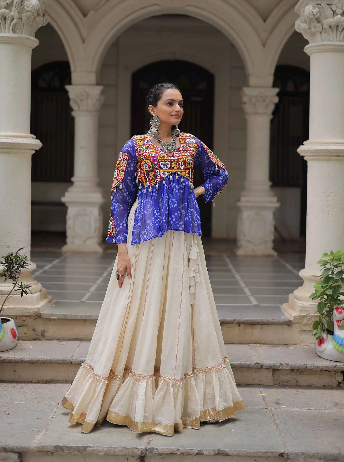 Blue Bandhani Print Gamthi Work Blouse With Lace Work Navratri Lehenga