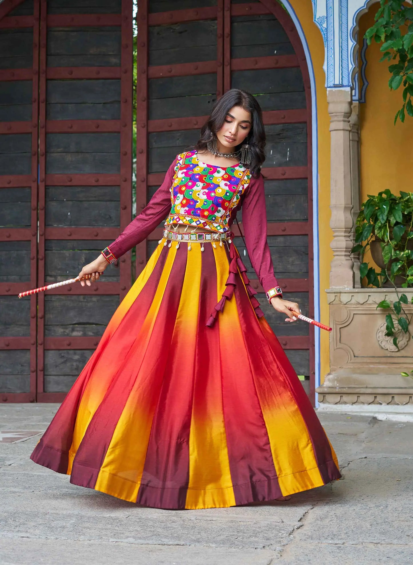 Maroon Chinon Color Padding Lehenga With Gamthi Work Blouse