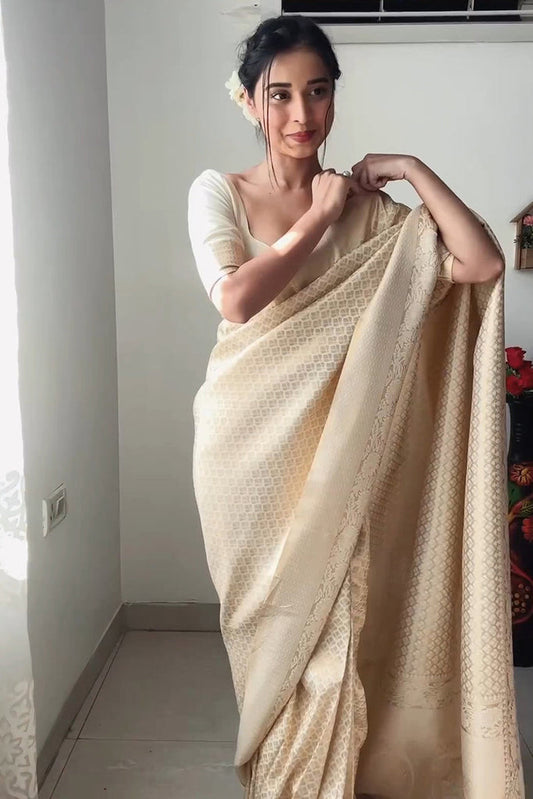 Demesne 1-Minute Ready To Wear Beige Kanjivaram Silk Saree