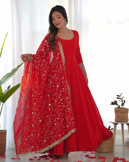 Cornell Red Designer Georgette Gown With Heavy Embroidery Work Dupatta