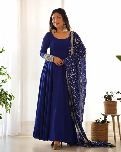 Royal Blue Designer Georgette Gown With Heavy Embroidery Work Dupatta