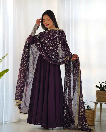 Dark Wine Designer Georgette Gown With Heavy Embroidery Work Dupatta