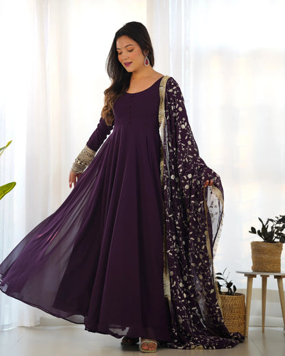 Dark Wine Designer Georgette Gown With Heavy Embroidery Work Dupatta