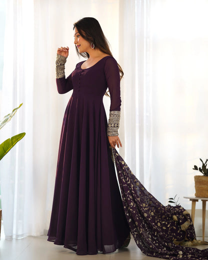Dark Wine Designer Georgette Gown With Heavy Embroidery Work Dupatta