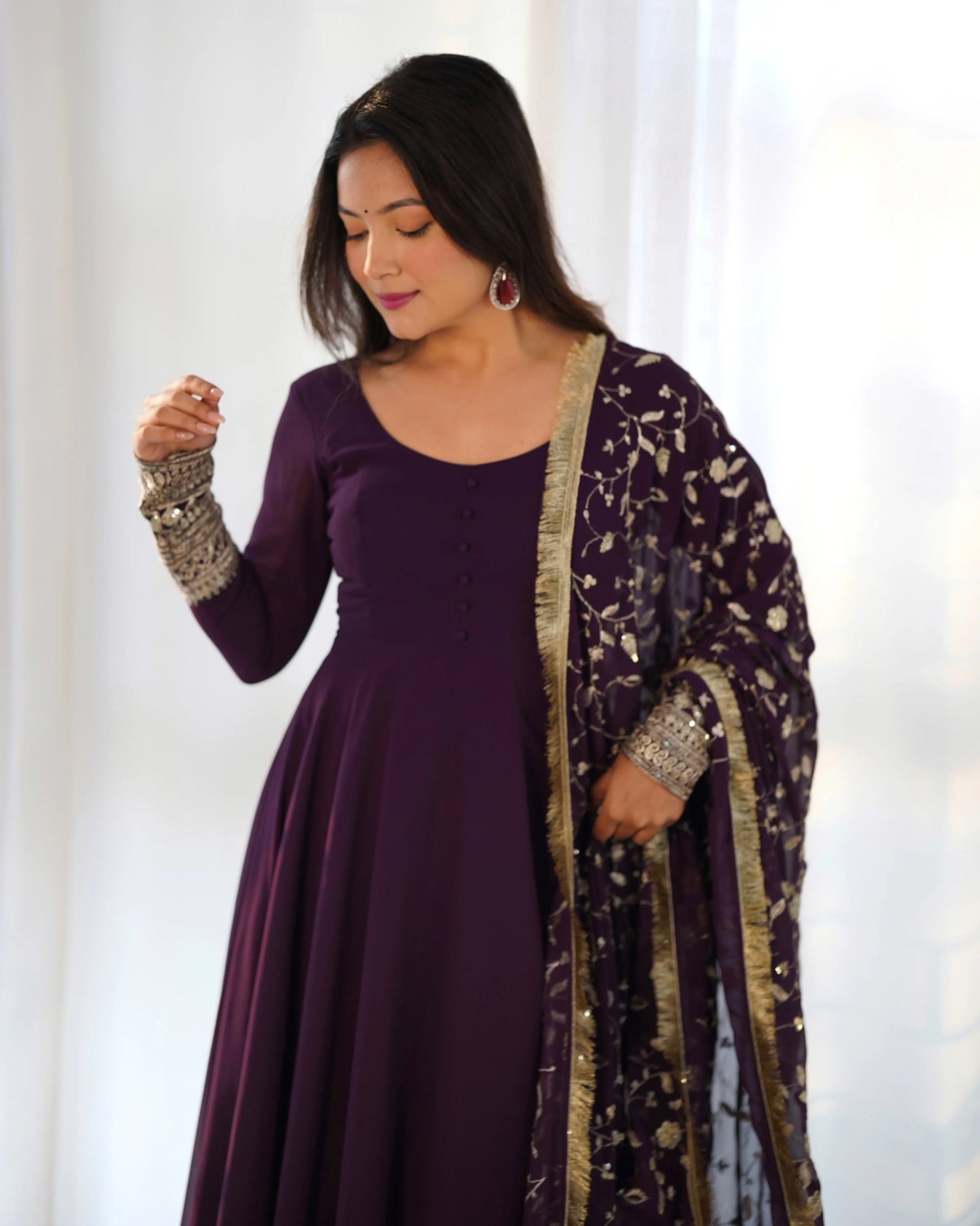 Dark Wine Designer Georgette Gown With Heavy Embroidery Work Dupatta