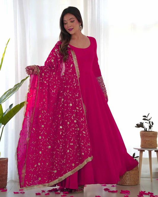 Dark Pink Designer Georgette Gown With Heavy Embroidery Work Dupatta