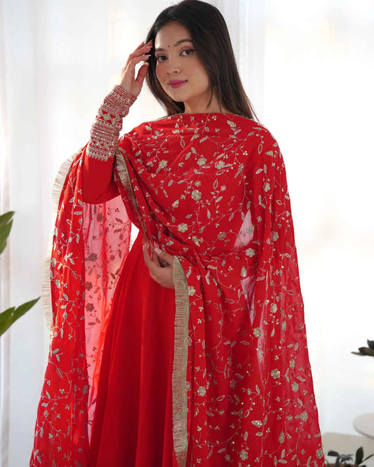 Cornell Red Designer Georgette Gown With Heavy Embroidery Work Dupatta