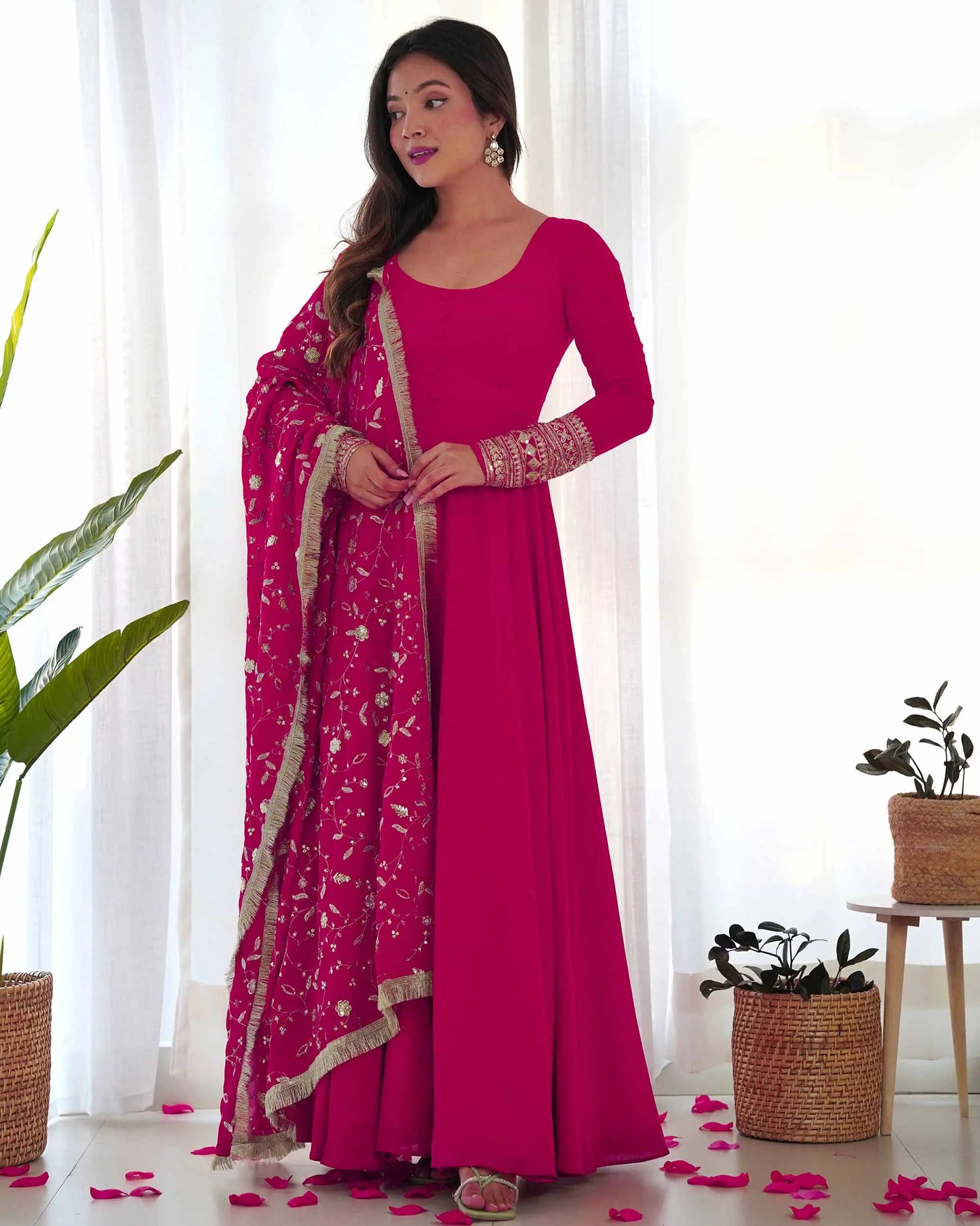 Dark Pink Designer Georgette Gown With Heavy Embroidery Work Dupatta
