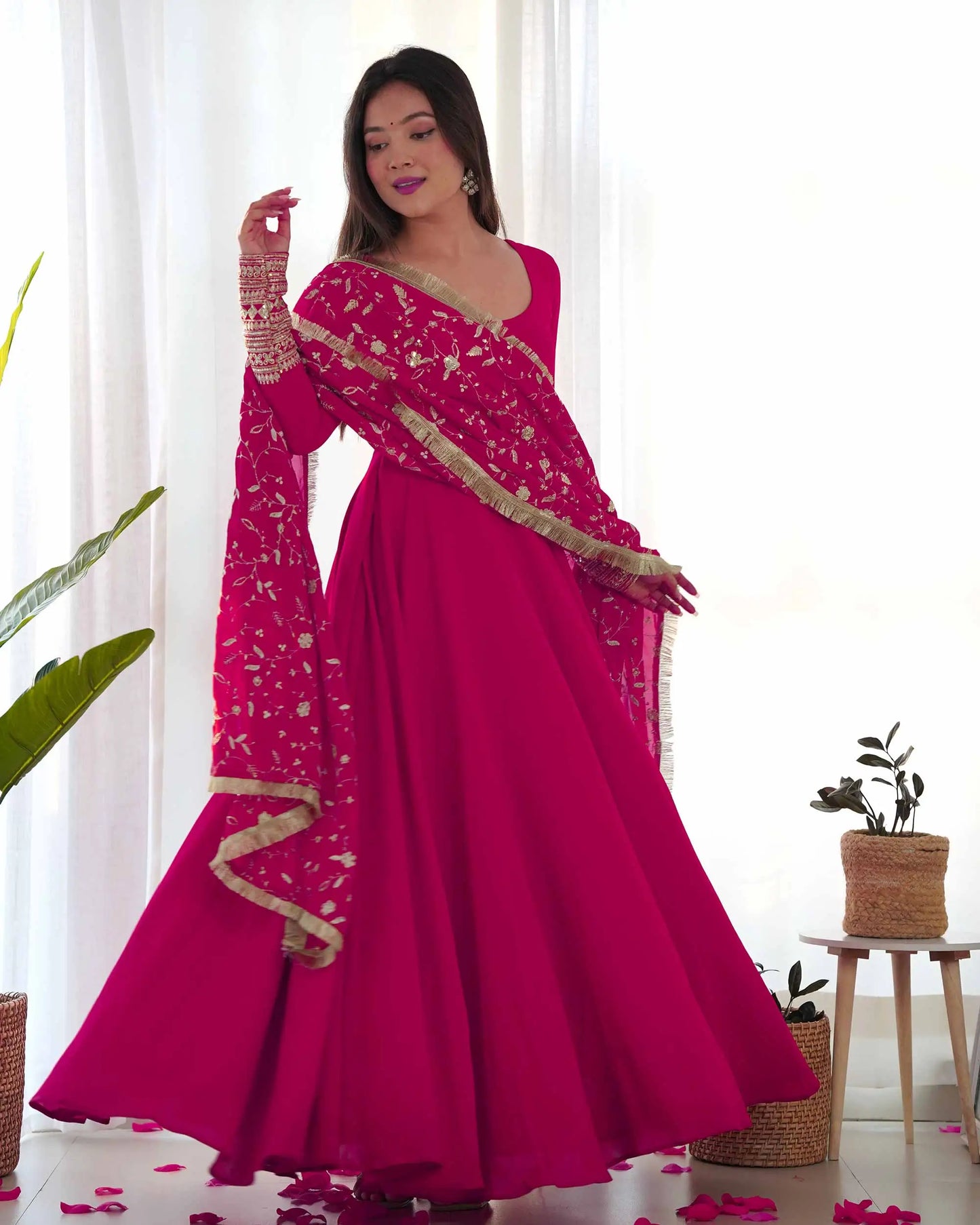 Dark Pink Designer Georgette Gown With Heavy Embroidery Work Dupatta