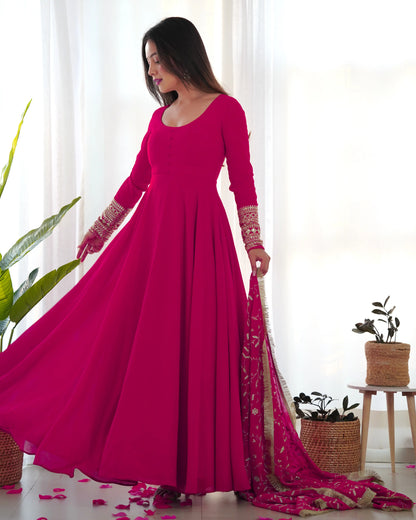 Dark Pink Designer Georgette Gown With Heavy Embroidery Work Dupatta