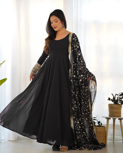Black Designer Georgette Gown With Heavy Embroidery Work Dupatta