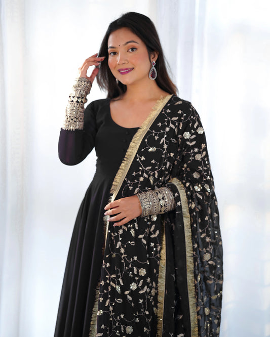 Black Designer Georgette Gown With Heavy Embroidery Work Dupatta